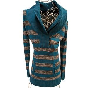 Guess Womens Shawl Collar Striped Sweater Teal Grey Cotton Knit Size Small